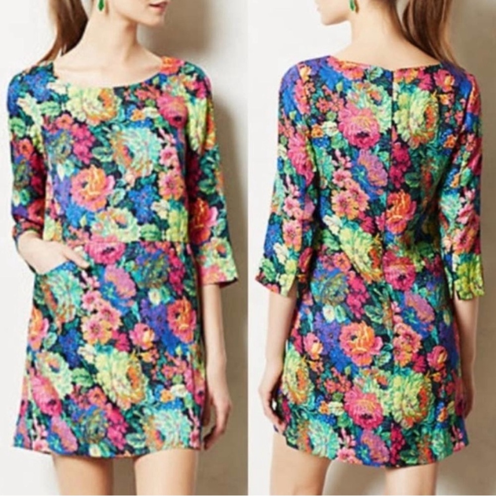 Anthropologie HD in Paris Dress Colorful Floral Mini Shift 3/4 Sleeve